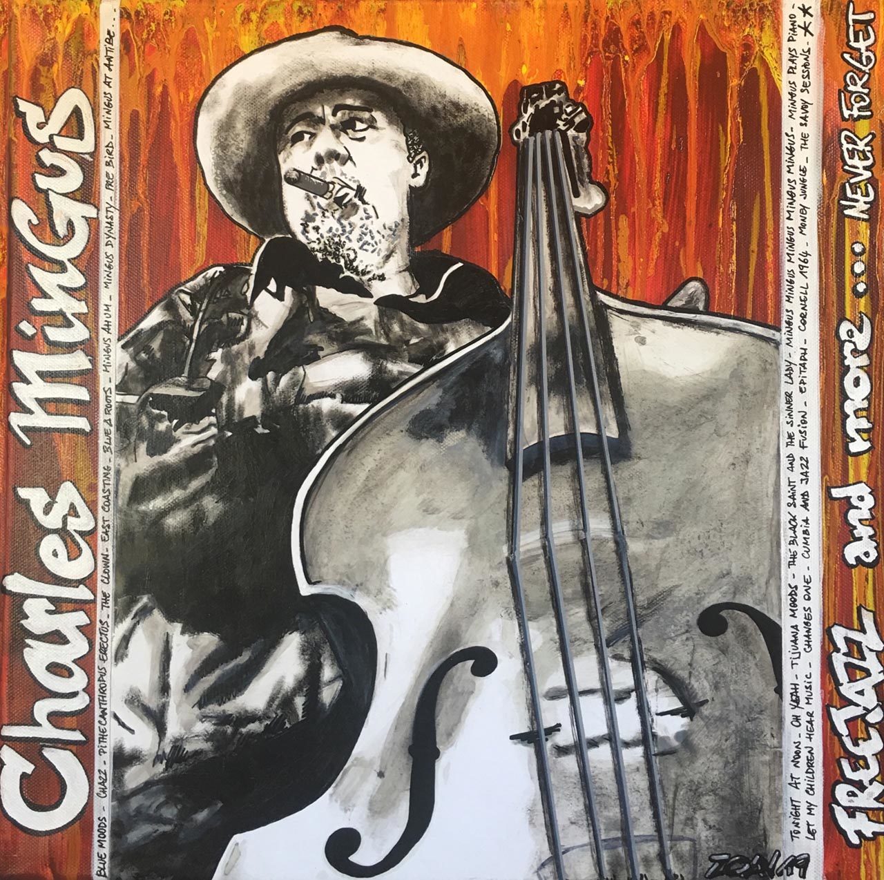 Charles Mingus ® par Zoav ; 40 x 40 ; peinture acrylique sur toile ; 2019 