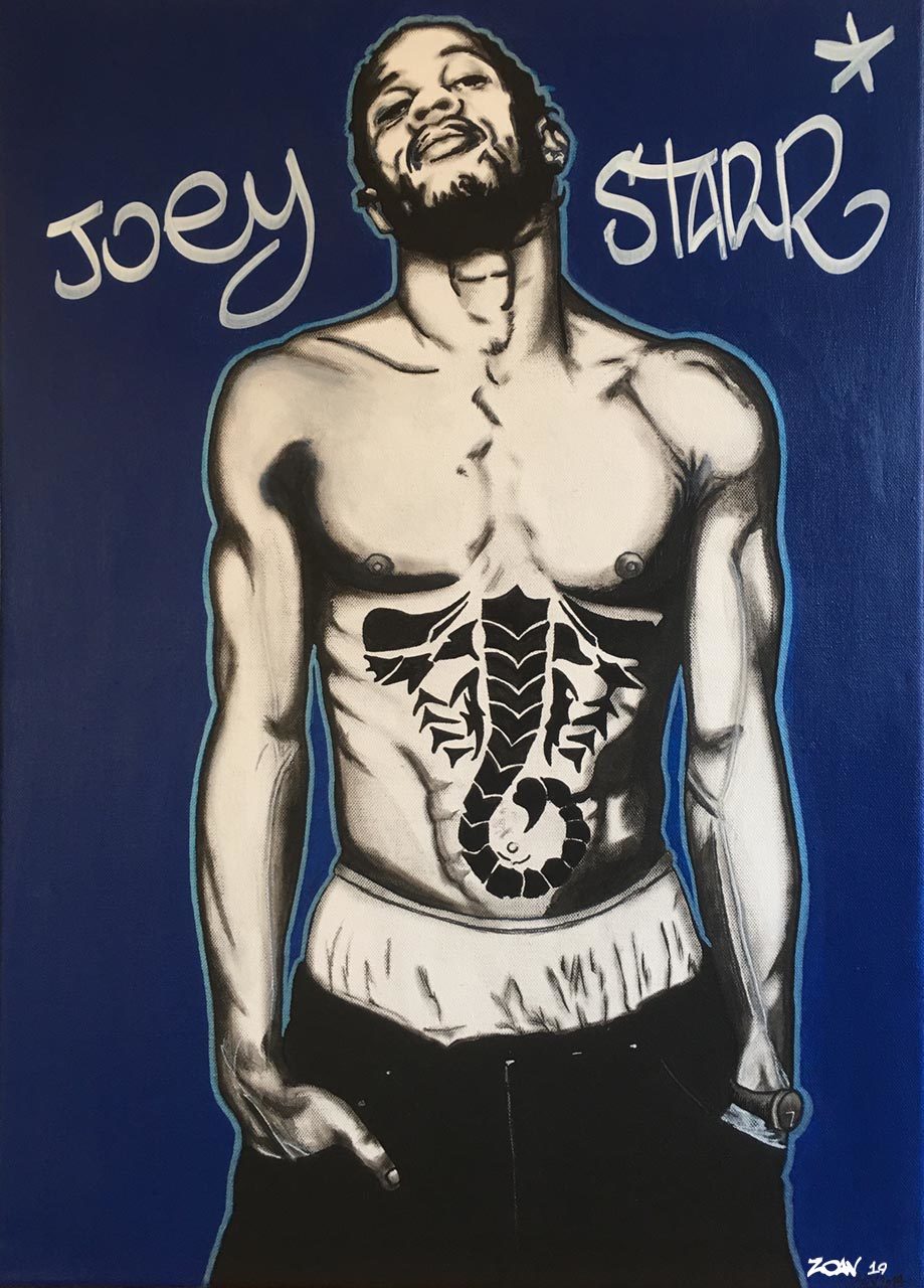 Joey Starr ® par Zoav ; 60 x 40 ; peinture acrylique sur toile ; 2019  Conception lettrage par 2CAM (Merci et Big up Bro’ !)