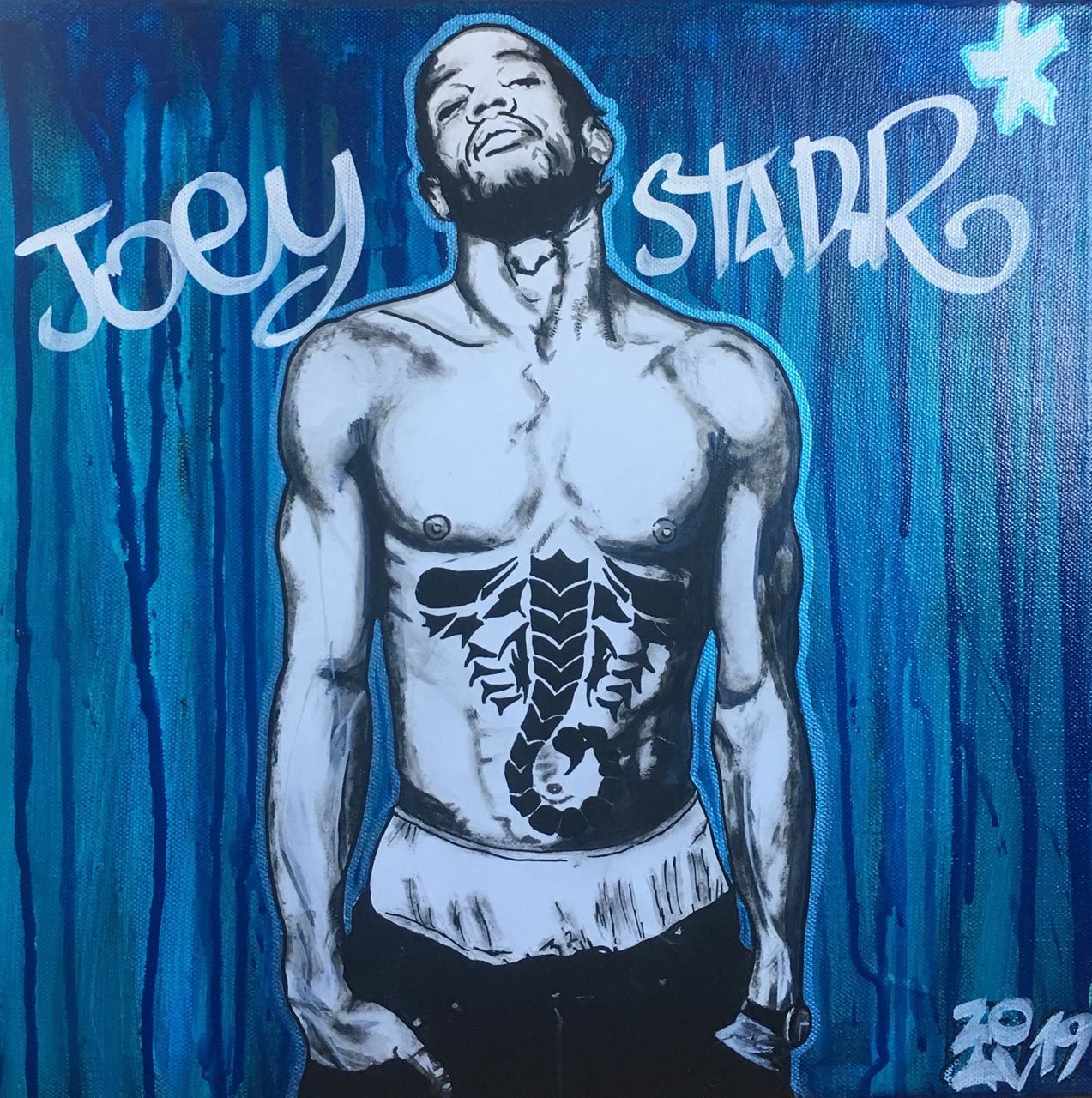 Joey Starr ® par Zoav ; 40 x 40 ; peinture acrylique sur toile ; 2019  Conception lettrage par 2CAM (Merci et Big up Bro’ !)