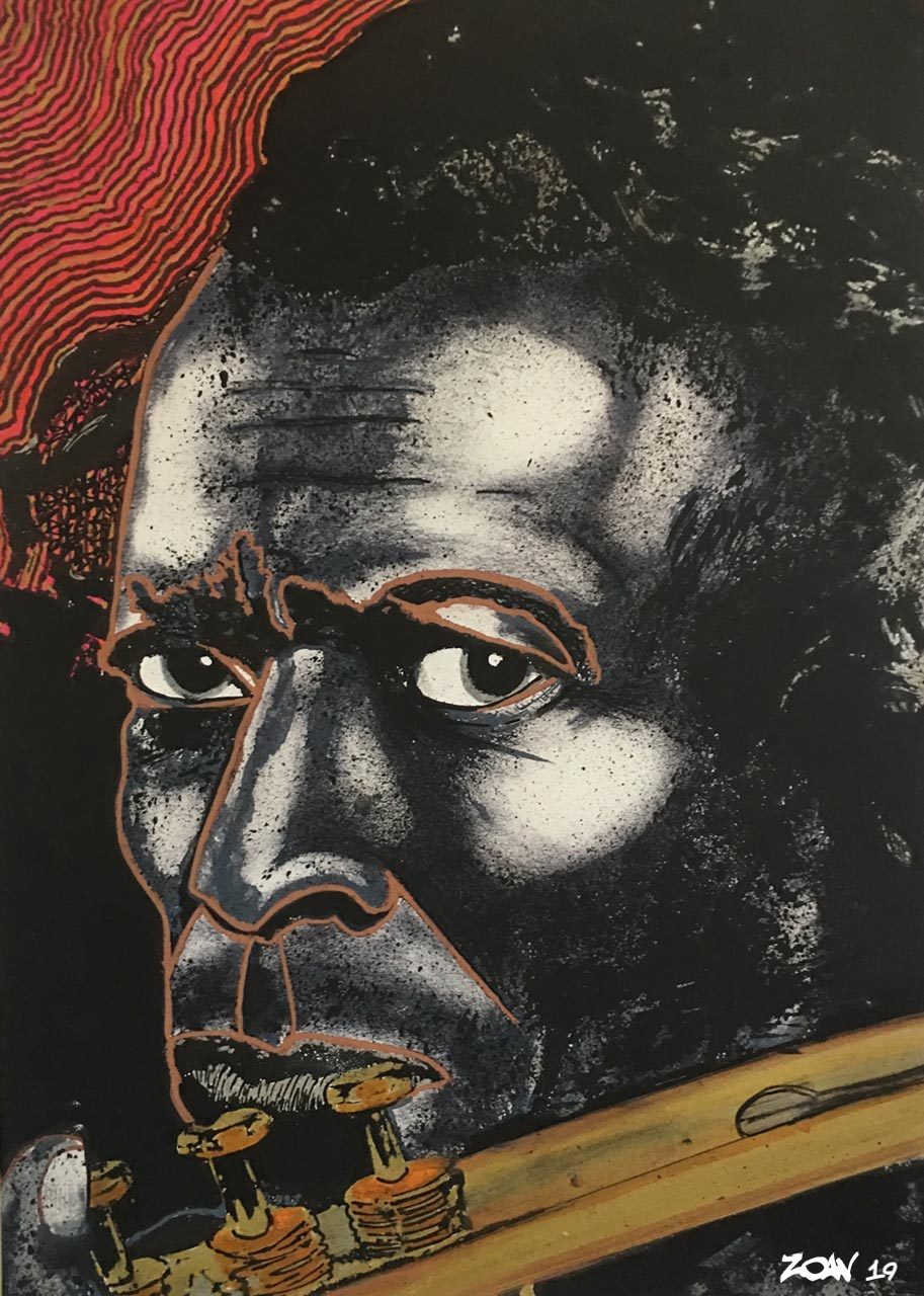 Miles Davis ® par Zoav ; 28 x 20 cm ; sérigraphie et peinture acrylique sur papier ; 2019 