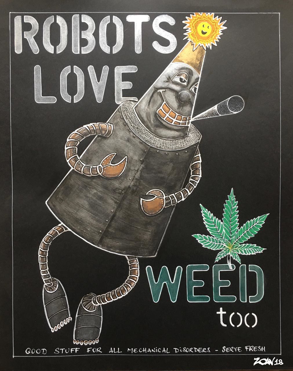 Robots Love Weed Too ® by Zoav ; 60 x 40 cm ; peinture acrylique sur papier  330 gr. 2018