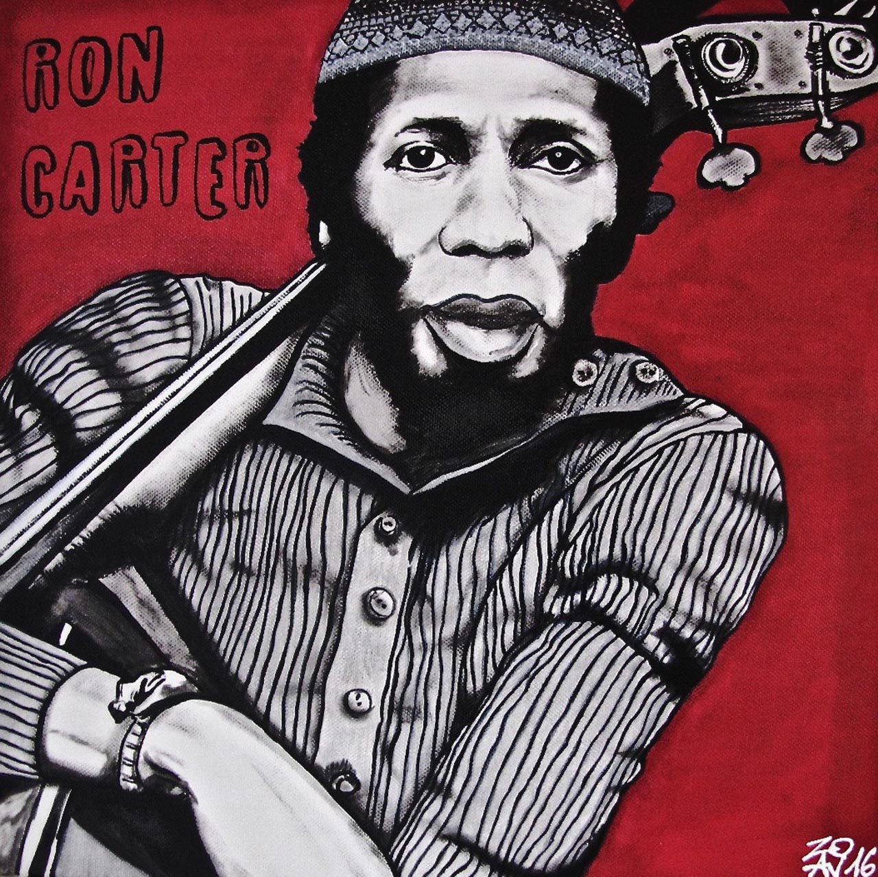 Ron Carter ® par Zoav ; 40 x 40 ; peinture acrylique sur toile ; 2016