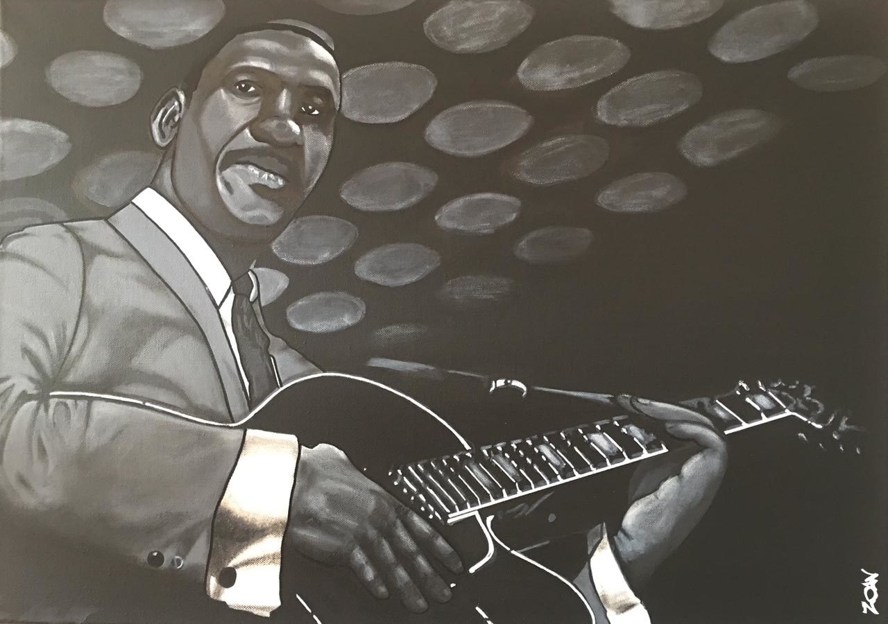 Wes Montgomery ® par Zoav ; 60 x 40 cm ; peinture acrylique sur toile. 2016